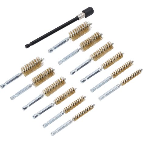 Ensemble de 13 brosses de nettoyage pour perceuses de diamètres 8 mm, 10 mm, 12 mm, 15 mm, 17 mm et 19 mm, tige de 6,35 mm (1/4 po), avec rallonge de 15 cm et fil de laiton (jaune). (1/5)