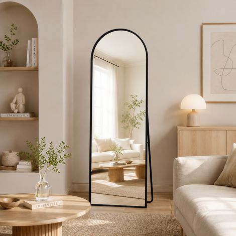 Miroir Plein Corps 173x63cm, Arqué, Cadre Aluminium, Sur Pied & Mural, Chambre Salon, Noir (1/5)
