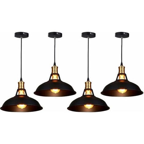 Suspension Industrielle - Abat-jour En Métal Noir - Douille E27 - Câble Réglable 100 Cm - Pour Salle À Manger Cuisine Bureau - Lot De 4