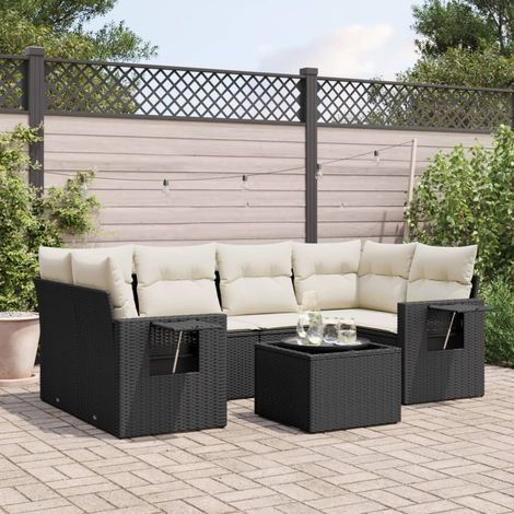 Set de comedor de jardín 7 pzas y cojines ratán sintético negro vidaXL (1/3)