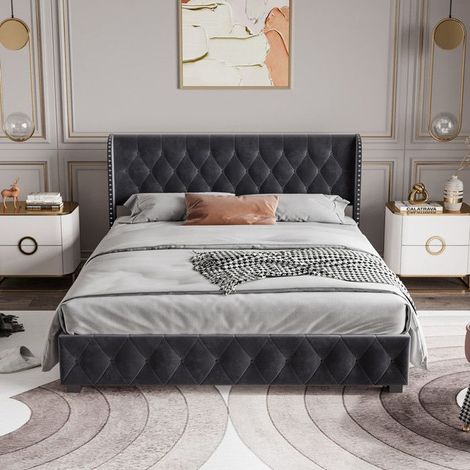 Doppelbett 160x200 - Großes Modell - Pneumatischer Stauraum - Anthrazitgraues Velours - Modernes Design (1/4)