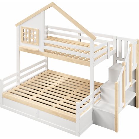 Lit superposé 90x200 et 140x200 avec coffre hydraulique, lit cabane avec fenêtre, échelle de rangement, bois massif, Blanc/Naturel (1/5)