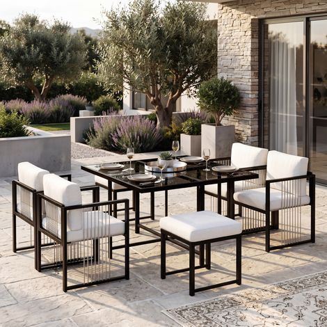 7-teilige Garten-Essgruppe für 6 Personen 117x117cm mit Tisch aus gehärtetem Glas und Stühlen aus Seilgeflecht Moderner Stil Schwarz und Weiß