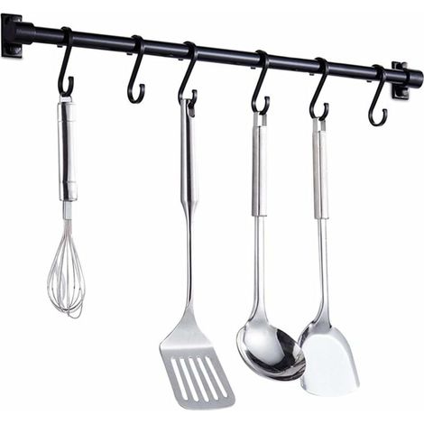 Barre Murale Cuisine - 40 cm - Aluminium - 6 Crochets Réglables - Pour Ustensiles de Cuisine - Fixation Murale - Noir