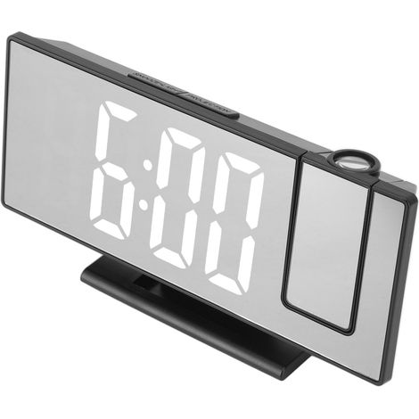 Réveil numérique à projection avec chargement USB, luminosité automatique, écran miroir LED, boîtier noir, éclairage blanc, idéal pour la chambre. (1/5)