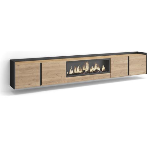 Skraut Home - Mueble TV, Televisión, Muebles de salón, almacenaje, 315x35x50cm, Para TV hasta 80", Chimenea eléctrica XXL, Colgado, Suspendido, Estilo Moderno, Roble y negro (1/5)