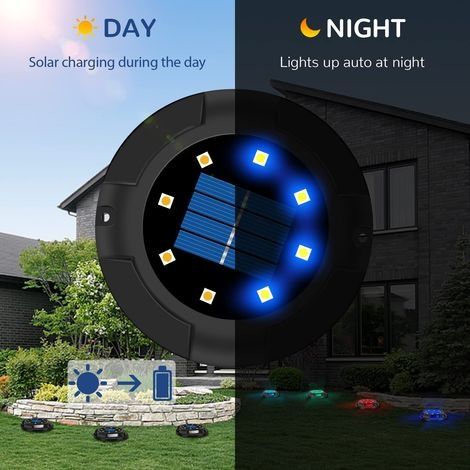 Solar-Gartenleuchte für den Außenbereich, 12 LEDs, 7 Farben, Einbaustrahler mit großem Solarpanel, wasserdicht IP65, Solar-Bodenleuchte (4 Stück) (1/4)