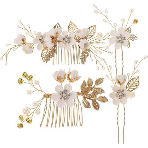 Set aus 4 handgefertigten Haarkämmen, floralen Verzierungen, Haaraccessoires und Strasssteinen für das Brautkleid (weiß) – 17,00 x 5,00 x 0,20 cm – Weiß (1/4)