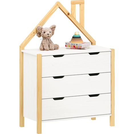 Idimex – Commode enfant 3 tiroirs en pin massif lasuré blanc/naturel – Design en forme de maison – Dimensions intérieures 71 x 29 cm