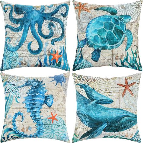Housse de Coussin, Housse Coussin 45x45 Taie d'oreiller Lot de 4 Housses Coussin Decoratif Fleurs La Vie Marine Plante Tropicale Schéma pour Canapé Chaise de Salon (1/5)