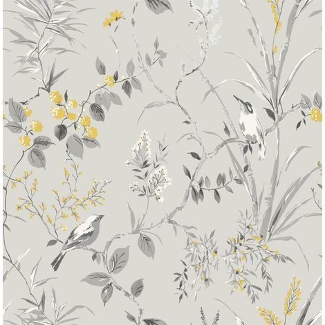 Floral Birds Wallpaper Grey Yellow Metallic Flower Shimmer Fine Decor Mariko (1/2)
