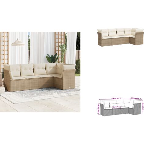 5-tlg. Garten-Sofagarnitur mit Kissen Beige Poly Rattan - Gartensofas - Outdoor Möbel - Lounge Set - Rattan Sofa - Gartenlounge