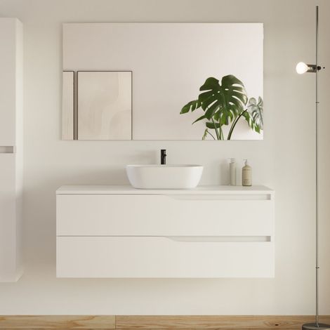Meuble de salle de bain 120cm avec plateau et vasque à poser zeus - 2 tiroirs - blanc - LUNA (1/5)