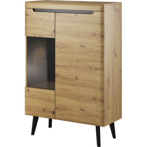 Vitrine SUDBURRY NWT90 - Chêne - Accents noirs - Vitrée - Largeur 90 cm, Hauteur 134 cm, Profondeur 40 cm (1/4)