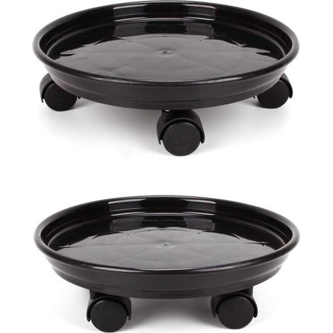 Lot de 2 soucoupes rondes pour pots de fleurs (30 cm) avec 4 roulettes pour la maison ou le jardin - Noir (1/4)