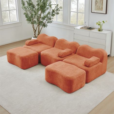 Canapé Modulaire en U 3 Places avec 2 Ottomans - 288x167x70cm - Mousse 32D Haute Densité et Design Ondulé en Velours - Orange (1/5)