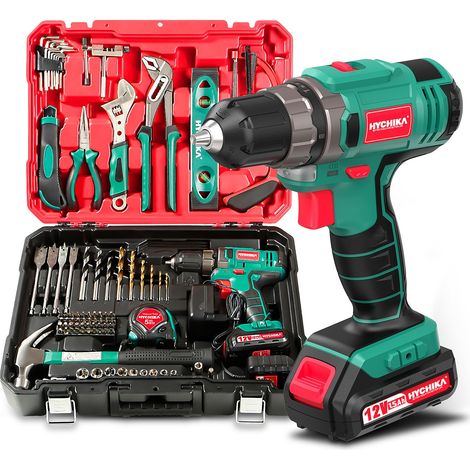 Trapano Avvitatore Batteria 12V, HYCHIKA 104pcs Avvitatore a Batteria Cassetta Attrezzi fai da te, 2.0Ah Avvitatore Elettrico, 2 Velocità 30N.m Mas, Carica rapida 1 ora, kit Attrezzi Completa (1/4)