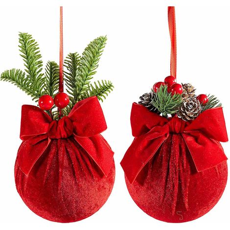 Palline di Natale in velluto rosso da appendere con fiocco e decoro con bacche, pigne e aghi di pino, set da 6 pezzi, Ø 12 cm x 23 H