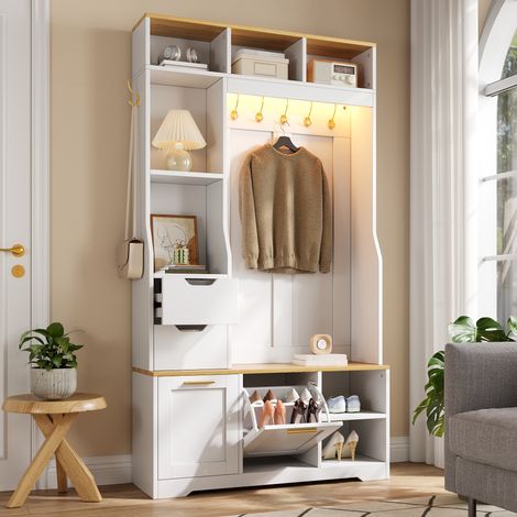 Mueble de recibidor con banco, perchero, zapatero LED, 100 x 32 x 186 cm, blanco (1/5)