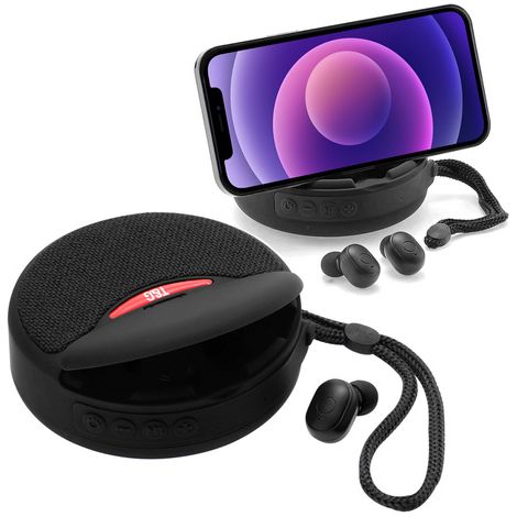 Auriculares inalámbricos portátiles Bluetooth 2 en 1 Alogy TWS con altavoz Bluetooth BT, resistentes al agua, color negro. (1/4)