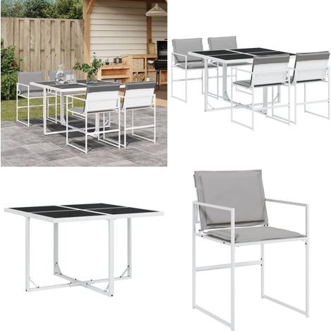 Ensemble à manger de jardin avec coussins 5 pcs blanc textilène - Meubles De Jardin - Salon De Jardin - Set De Jardin - Mobilier Exterieur - Table De Jardin - Home & Living (1/5)