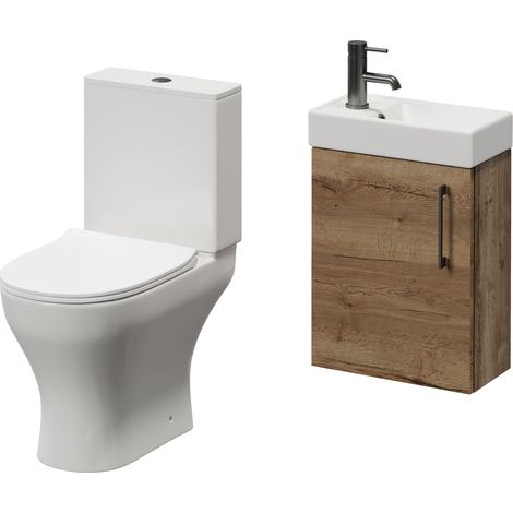 Napoli Cube Tobacco Oak 400mm Single Door Wall Mounted Vanity Unit and Jubilee Toilet Suite with Align Basin - 400mm - Gunmetal Grey 160mm Handle