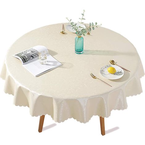 Round PU Coated Plastic Tablecloth, Stain Resistant, Waterproof Oilcloth, Elegant Floral Print for Picnic, Outdoor, Garden - Diameter 140 cm, Light Beige