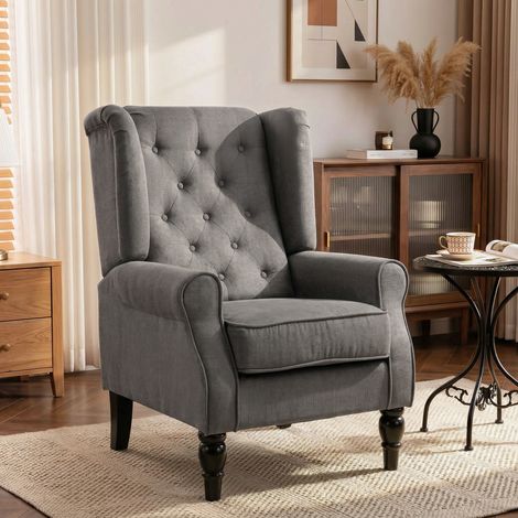 Fauteuil à oreilles de style vintage, fauteuil de lecture, fauteuil d'appoint, pieds en bois, capitonnage à boutons, gris et noir (1/5)