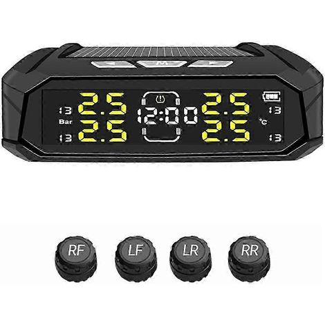 Sistema de monitoreo de presión de neumáticos (TPMS) con pantalla LCD digital y alimentación solar para automóviles, alarma de seguridad para automóviles con 4 sensores externos. (1/5)