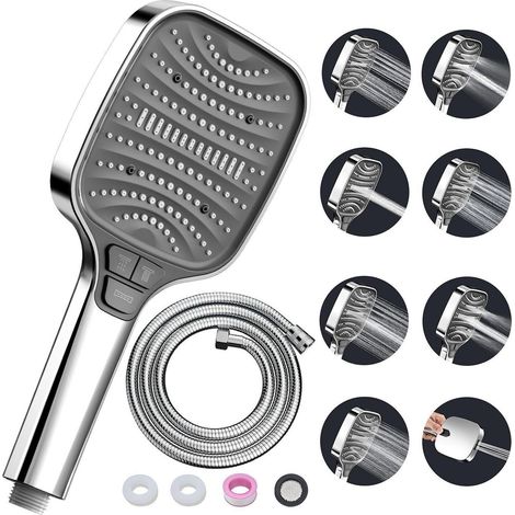 Duschkopf mit Schlauch, 8 Strahlarten, Stoppfunktion, Wassersparend, Silber (1/5)