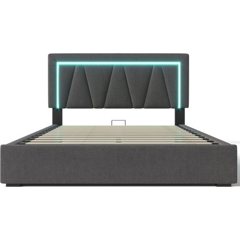 Cama tapizada con almacenaje 160x200 en lino gris con LED USB-C y cabecero regulable MODENUIT (1/5)