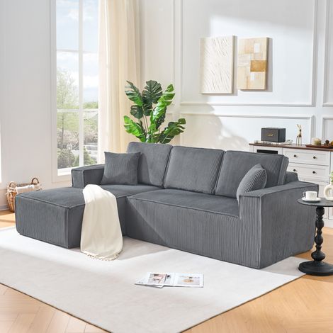Canapé d'angle compressé 3 places, Canapé modulaire,Chaise longue droite, velours côtelé gris, Sans assemblage,Design compact (1/5)