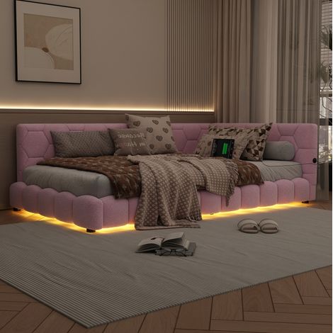 Lit 90x200 cm avec éclairage d'ambiance 16 couleurs, USB et Type-C, rose DESVIAE (1/5)