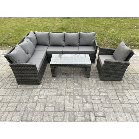 Fimous 7 Seater Outdoor Rattan Garden Furniture Set Corner Sofa Oblong Coffee Table Sets with Patio Armchair Dark Grey Mixed