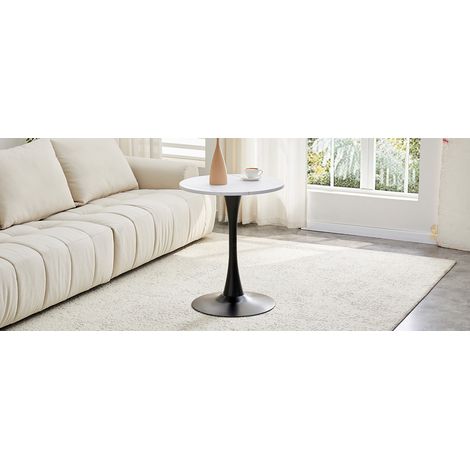 Table d'appoint ronde 60cm Design Mid-Century Plateau MDF veiné blanc Pied noir stable Élégant et robuste pour salon moderne (1/5)