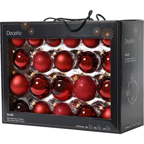 Pallina di Natale Palline di vetro lucide opache con glitter e trasparenti miscelate colore rosso scuro ø 7cm