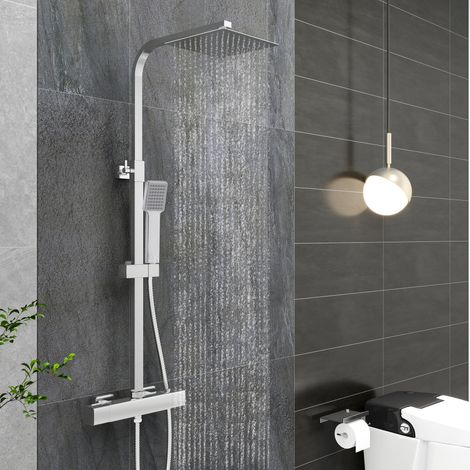 SKY Bathroom Thermostatic Mixer Shower Set Chrome All Square Exposed Valve Twin Head