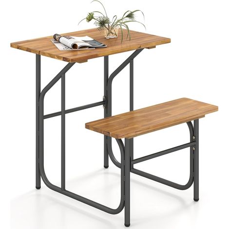 COSTWAY Set Tavolo e Panca per Patio, Tavolo da Picnic con Seduta Laterale in Legno di Acacia, Gambe in Metallo, Mobili da Pranzo da Esterno Robusti per Balcone, Giardino, Piscina, Cortile (1/5)