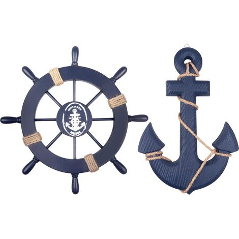 Lot de 2 pièces : rail de navire en bois de 27 à 9 cm et rail de direction de 33 à 30 cm avec corde décoration murale ancre, décoration de porte, décoration intérieure sur le thème de la plage (bleu) (1/5)
