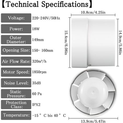 Ventilador extractor de aire de 100/150 mm, 12 W/130 m³-320 m³, extractor axial en línea con conducto: baño, cocina, sótano, ventilador de conducto silencioso para el hogar, áticos (Ø15 (1/3)