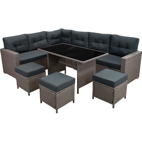 Set Salotto da Giardino in Rattan Grigio 9 Posti a Forma di L con Tavolo in Vetro, Sgabelli, Cuscini Impermeabili con Protezione UV [Copertura Antipioggia Inclusa] (1/5)