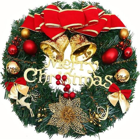 Couronne de Noël 30 cm, Guirlande de Porte avec Boule de Noël Fleur de Noël Bow Berry pour Porte D'entrée, Cheminée et Décoration Murale Intérieur Extérieur- Rouge Vert (1/4)