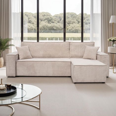 M&S – Canapé d'angle réversible 3 places en polyester beige – Convertible en lit d'appoint – Dimensions 244x142x83 cm – Coussins déco inclus