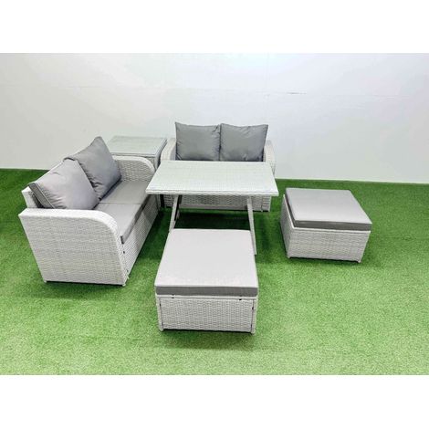 Fimous 6 Seater Outdoor Love Sofa Set Rattan Garden Furniture Set with Rectangular Dining Table Side Table 2 Big Footstool Light Grey (1/4)