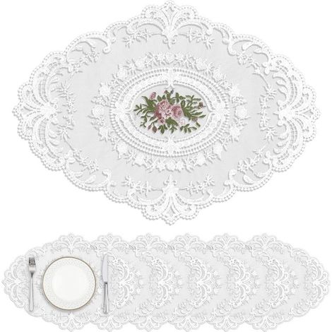 Lot de 6 sets de table ovales en polyester blanc, 45,7 x 30,5 cm, motif dentelle rétro vintage, antidérapants et lavables, pour une utilisation intérieure et extérieure. (1/5)