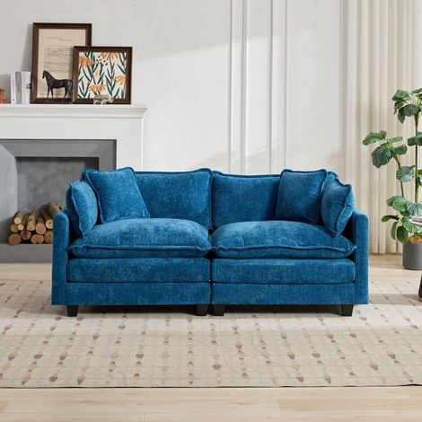 Sofá loveseat modular Cloud de 2 plazas - 195 x 75 x 84 cm - Asiento de doble capa ultramullido - en tejido de chenilla azul (1/5)