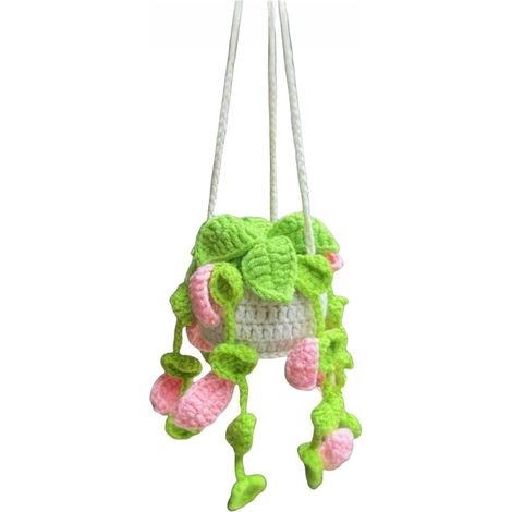 Autoschmuck, niedliche gehäkelte Pflanzen-Rückspiegelanhänger, Handarbeit, Spiegelanhänger, Auto-Innenausstattung und Gartenschmuck, rosa Blätter