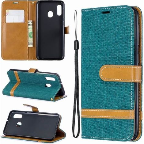 Coque Samsung Galaxy A20e Denim Pochette Protection Etui Antichoc Housse - Vert-Ywey
