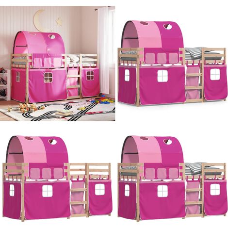 Litera con cortinas madera maciza de pino rosa 80x200 cm - Litera con cortinas - Cama para niños