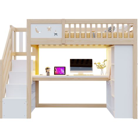 Cama alta infantil 90x200 de madera blanco/natural, con almacenaje infantil, sin colchón FloraGrace (1/5)